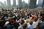 Families of the victims of the terror attacks on the World Trade Center in New York City which killed almost 3,000 people on 11 September 2001 commemorate the 1st anniversary of the tragedy on 11 September 2002.<br>Mayor Bloomberg, Mayor Giuliani, and Governor Pataki lead the momnet of silence at 08:46, the time the first plane struck the tower.<br>