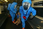 New York City agencies practice mobilizing for a subway terror attack in drill in the Financial District. FDNY, NYPD, EMS, MTA, and OEM conduct search and rescue, investigation, and decontamination simulation. Live volunteers simulate survivors and walking wounded, while dummies are used for serious injuries or dead.