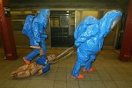 New York City agencies practice mobilizing for a subway terror attack in drill in the Financial District. FDNY, NYPD, EMS, MTA, and OEM conduct search and rescue, investigation, and decontamination simulation. Live volunteers simulate survivors and walking wounded, while dummies are used for serious injuries or dead.