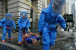 New York City agencies practice mobilizing for a subway terror attack in drill in the Financial District. FDNY, NYPD, EMS, MTA, and OEM conduct search and rescue, investigation, and decontamination simulation. Live volunteers simulate survivors and walking wounded, while dummies are used for serious injuries or dead.