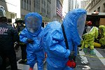 New York City agencies practice mobilizing for a subway terror attack in drill in the Financial District. FDNY, NYPD, EMS, MTA, and OEM conduct search and rescue, investigation, and decontamination simulation. Live volunteers simulate survivors and walking wounded, while dummies are used for serious injuries or dead.