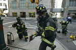 New York City agencies practice mobilizing for a subway terror attack in drill in the Financial District. FDNY, NYPD, EMS, MTA, and OEM conduct search and rescue, investigation, and decontamination simulation. Live volunteers simulate survivors and walking wounded, while dummies are used for serious injuries or dead.