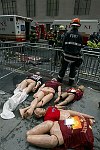 New York City agencies practice mobilizing for a subway terror attack in drill in the Financial District. FDNY, NYPD, EMS, MTA, and OEM conduct search and rescue, investigation, and decontamination simulation. Live volunteers simulate survivors and walking wounded, while dummies are used for serious injuries or dead.