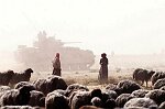 U.S. Troops on a mechanized march from Kuwait into Iraq with M1A1 Abrams tanks, M3 Bradley Fighting Vehicles, APCs, and other vehicles leave the burning oil fields into the Wadi Al-Bateen.