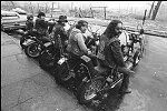 The Chingalings - a Puerto Rican motorcycle gang living rent-free in a city owned building in the South Bronx<br>NYC 1/75<br>0468-16<br>From SoHo Blues - A Personal Photographic Diary of New York City in the 1970s by SoHo Weekly News chief photographer Allan Tannenbaum