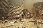 Two hijacked planes crash into the World Trade Center towers. Both towers burn, then collapse. Many people were injured and over 5,000 died. NYC 9/11/01