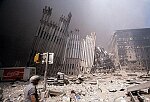 Two hijacked planes crash into the World Trade Center towers. Both towers burn, then collapse. Many people were injured and over 5,000 died. NYC 9/11/01