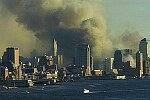 Two hijacked planes crash into the World Trade Center towers. Both towers burn, then collapse. Many people were injured and over 5,000 died. NYC 9/11/01