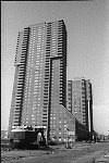 Independence Plaza apartments viewed from Greenwich Street just south of Duane Street, 9/1975 Tribeca NYC<br>SN 0766-30<br>SWN