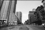 Independence Plaza apartments viewed from Greenwich Street just south of Duane Street, 9/1975 Tribeca NYC<br>SN 0766-24<br>SWN